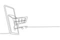 Continuous one line drawing shopping cart out of smartphone. Sale, digital lifestyle, and consumerism concept. E-commerce and