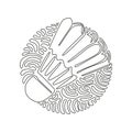 Continuous one line drawing shuttlecock badminton. Sports equipment, competitions, hobbies. Swirl curl circle background style. Royalty Free Stock Photo