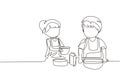 Continuous one line drawing siblings boy and girl baking together with rolling pin at kitchen counter. Happy kids making homemade