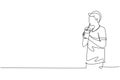 Continuous one line drawing side view of young adult man using straw and drinking smoothie juice from plastic cup. Make him Royalty Free Stock Photo