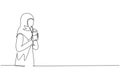 Continuous one line drawing side view of young Arab woman using straw and drinking smoothie juice from plastic cup. Make her Royalty Free Stock Photo