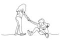 Continuous one line drawing of Sister help her little brother. Act of kindness within childhood theme. Young girl and child boy.