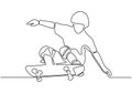 Continuous one line drawing of skateboard player. Sport vector illustration theme. Person playing game for exercise and hobby