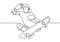 Continuous one line drawing of skateboard player. Sport vector illustration theme. Person playing game for exercise and hobby