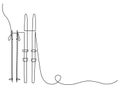 Continuous one line drawing of skis and ski poles. Vector illustration