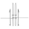 Continuous one line drawing of skis and ski poles. Vector illustration