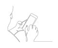Continuous one line drawing Smartphone phone in hand. Simple line drawing hand using modern mobile phone. view of man hands