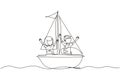 Continuous one line drawing smiling boy and girl in sailboat together. Happy kids sailing boats. Cute children on boat. Joyful