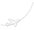 Continuous one line drawing. Soaring plane with flight path on a white background