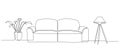 Continuous one line drawing of sofa and stylish lamp and potted plant. Living room interior in loft apartment. Modern Royalty Free Stock Photo