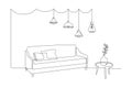 Continuous one line drawing of sofa and table with vase with monstera leaf and Hanging pendant Loft lamps. Scandinavian