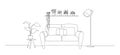 Continuous one line drawing of sofa and wall shelf with potted plants and floor lamp. Scandinavian stylish furniture in Royalty Free Stock Photo