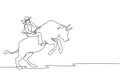 Continuous one line drawing strong and brave cowboy in hat participates in rodeo riding wild bull. Cowboy riding wild bull. Royalty Free Stock Photo