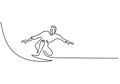 continuous one line drawing surfer vacation sea wave. Wave rider standing on surf board in the beach. Single hand drawn sketch