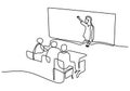 Continuous one line drawing of a teacher explaining student at classroom. The concept of back to school. Study education hand