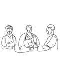 Continuous one line drawing of team doctors. Three professional doctors discussing about diagnostic patient. Medical healthcare