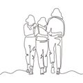 Continuous one line drawing of three girls walking. Young sisters group of family in back view pose. Vector simplicity design