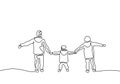 Continuous one line drawing of three kids holding hands and playing. Childhood act of kindness theme. Children concept of brother