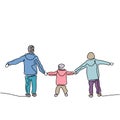 Continuous one line drawing of three kids playing and holding hands. Togetherness children hand drawn sketch with colors vector