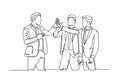 Continuous one line drawing three young happy businessmen celebrate their successive business and giving high fives gesture.