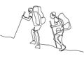 Continuous one line drawing of tourist hiking backpack picnic mountains. Two guys were climbing the mountain for holiday. Explore