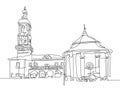 Continuous one line drawing of Town Hall and ancient well Royalty Free Stock Photo