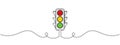 Continuous one line drawing of traffic lights with poles to regulate vehicle travel at road intersections. There are red