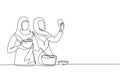 Continuous one line drawing two Arab woman taking selfie or making video call using her smartphone while cooking fresh salad. Royalty Free Stock Photo