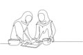 Continuous one line drawing two Arabian woman making cookie dough using rolling pin at cozy kitchen table. Making bakery and Royalty Free Stock Photo