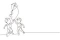 Continuous one line drawing two boy playing to fly kite up into the sky at outdoor field. Kids playing kite in playground. Royalty Free Stock Photo