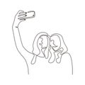 Continuous one line drawing of two girls taking a picture with smartphone. People selfie with mobile phone. Vector illustration