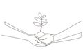 Continuous one line drawing two hands holding together a green young plant. Hand holding tree on nature field grass Forest Royalty Free Stock Photo