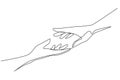 Continuous one line drawing two hands reaching for each other. Sign or symbol of love, hope, caring, helping. Communication with Royalty Free Stock Photo