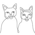 Continuous one line drawing of two happy cat funny faces. A kitten couple is sitting isolated on white background. Doodle animals Royalty Free Stock Photo