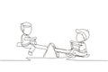 Continuous one line drawing two little boys swinging on seesaw. Kids having fun at playground. Cute kids playing seesaw together Royalty Free Stock Photo