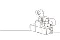 Continuous one line drawing two little girls playing blocks cube toys together. Educational toys. Children playing designer cubes