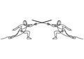 Continuous one line drawing of two man fencing athletes fight suit practicing with sword on professional sports arena, motion fast Royalty Free Stock Photo