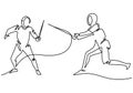 Continuous one line drawing of two man fencing athletes fight suit practicing with sword on professional sports arena, motion fast