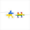 Continuous one line drawing of two pieces puzzle pieces of rainbow and ukraine flags . Royalty Free Stock Photo