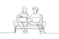 Continuous one line drawing two woman with laptop sitting on the sofa together. Freelance, distance learning, online courses, and Royalty Free Stock Photo