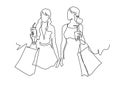 Continuous one line drawing two woman with shopping bags in their hands.