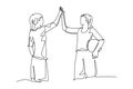 Continuous one line drawing two of young happy women giving high five gesture before playing basket ball at outfield court. Sport