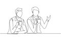 Continuous one line drawing two young men sitting over a cup of coffee and talking about work plans in the office. Success Royalty Free Stock Photo