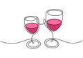 Continuous one line drawing, vector of cheers, two glasses of red wine, party celebration with alcohol. Minimalism design with