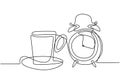 Continuous one line drawing, vector of clock alarm and coffee cup, symbol of time management, working area, and deadline. Royalty Free Stock Photo