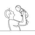 Continuous one line drawing vector illustration. Father with baby son in hands