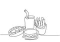 Continuous one line drawing, vector of junk food, hamburger, hotdog, and fast foods. Minimalism design with simplicity hand drawn