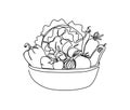 Continuous one line drawing of vegetable on the bowl. Vegetables hand drawn single line art vector illustration