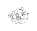 Continuous one line drawing of vegetable on the bowl. Vegetables hand drawn single line art vector illustration