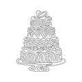 Continuous one line drawing wedding cake with love shape on top. Sweet cake for celebrate marriage. Tasty dessert wedding party.